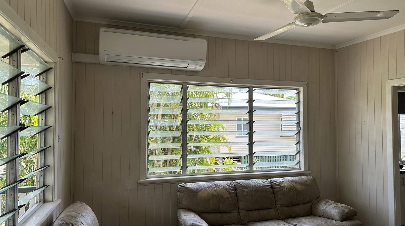 Air conditioning Townsville — a Daikin split system installed by On Point in a classic Queenslander living room with louvre windows and a ceiling fan