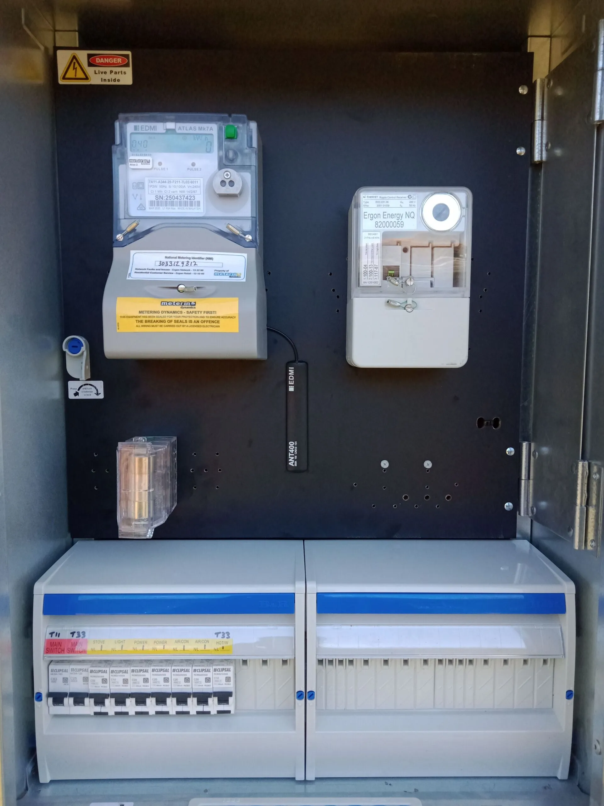 Modern switchboard with RCD safety switches and Ergon metering wired by On Point Solar & Electrical in Townsville